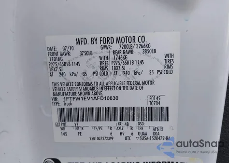 2010 Ford F-150 Xlt z USA, uszkodzony, nr VIN 1FTFW1EV1AFD10630